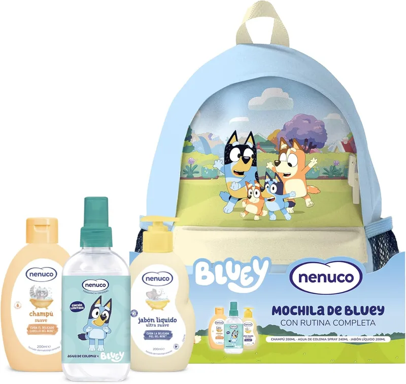 Nenuco ▫️ Conjunto Infantil Mochila Bluey – Edição Limitada, com champô suave de 200 ml, sabonete líquido de 200 ml e colónia de 240 ml