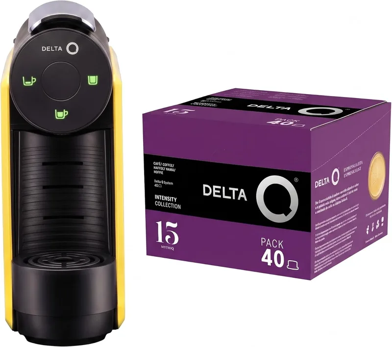 Delta Q ▫️ Conjunto de máquina de café com cápsulas - Mini Qool Amarela - Para café, chá e bebidas quentes - Simples e prática - Design elegante - Inclui embalagem XL Mythiq com 40 cápsulas