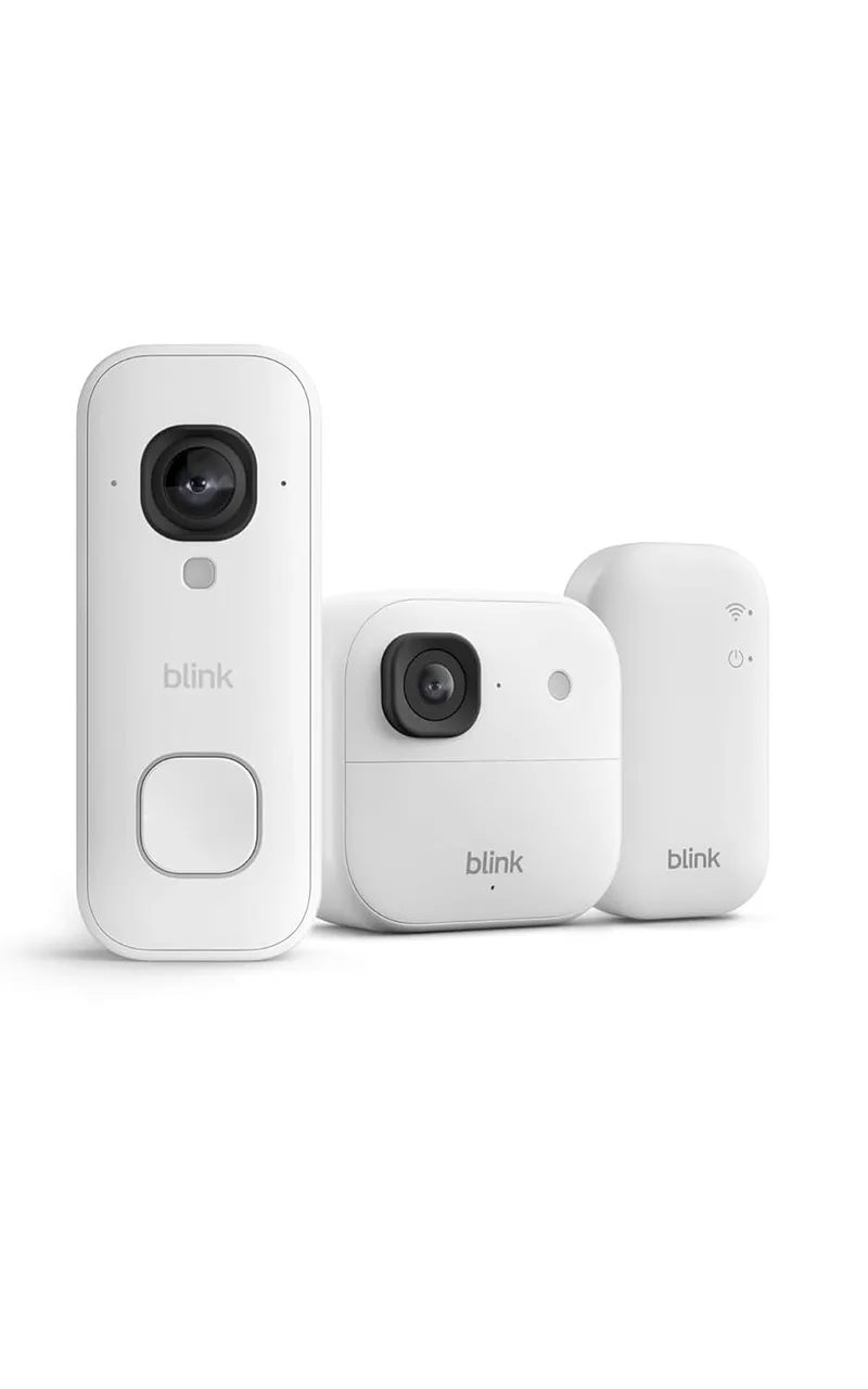 Blink ▫️ Câmara exterior 2K+ + Videoporteiro com fio 2K+ (última geração) — módulo de sincronização básico incluído: sistema de 1 câmara, Branco