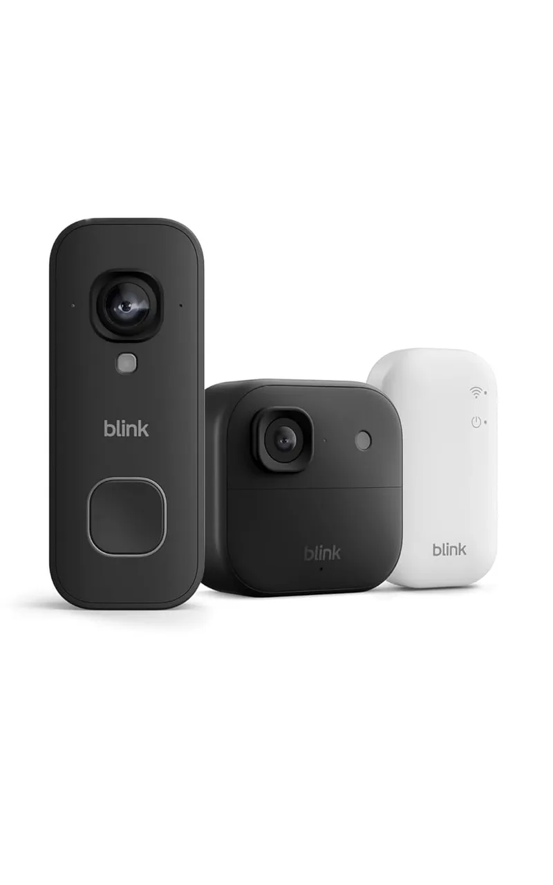 Blink ▫️ Câmara exterior 2K+ + Videoporteiro com fio 2K+ (última geração) — módulo de sincronização básico incluído: sistema de 1 câmara, Preto