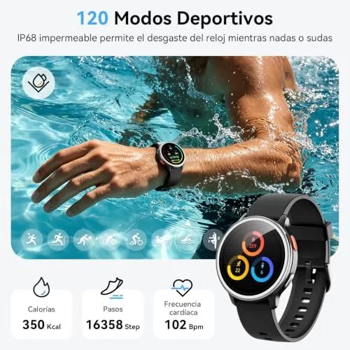 aeac ▫️ Relógio inteligente para mulher e homem, relógio inteligente redondo de 1,27" para mulher, compatível com iPhone/Samsung/Android, 2 braceletes e mais de 120 modos desportivos, monitor de sono, funções de saúde e fitness, resistente à água até 3 ATM, preto 3