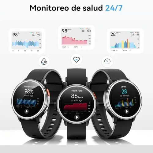 aeac ▫️ Relógio inteligente para mulher e homem, relógio inteligente redondo de 1,27" para mulher, compatível com iPhone/Samsung/Android, 2 braceletes e mais de 120 modos desportivos, monitor de sono, funções de saúde e fitness, resistente à água até 3 ATM, preto 5