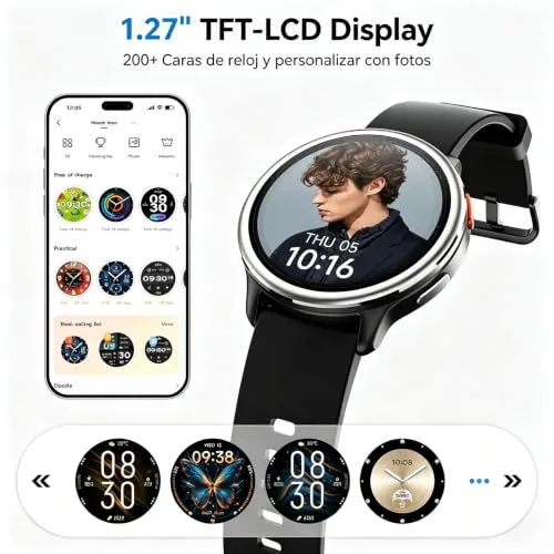 aeac ▫️ Relógio inteligente para mulher e homem, relógio inteligente redondo de 1,27" para mulher, compatível com iPhone/Samsung/Android, 2 braceletes e mais de 120 modos desportivos, monitor de sono, funções de saúde e fitness, resistente à água até 3 ATM, preto 7