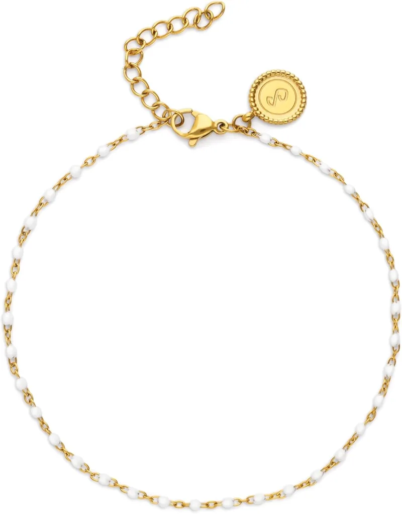 SINGULARU ▫️ Tornozeleira para Mulher Dots Branco Aço com Acabamento Dourado