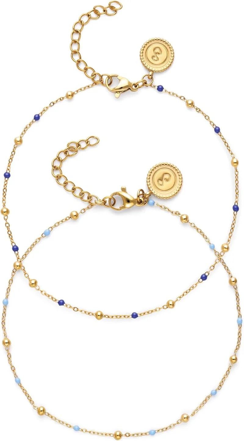 SINGULARU ▫️ Tornozeleira para Mulher - Conjunto de 2 Tornozeleiras de Amizade Azul Aço com Banho de Ouro | Aço resistente à água com banho de ouro de 18 quilates e detalhe em esmalte azul.