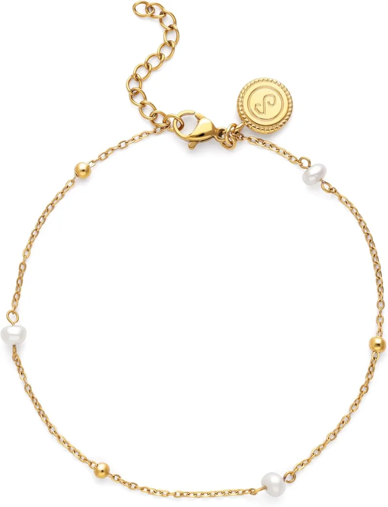 SINGULARU ▫️ Tornozeleira para Mulher Little Pearl em Aço com Banho de Ouro | Aço resistente à água com banho de ouro de 18 quilates e pérola cultivada.