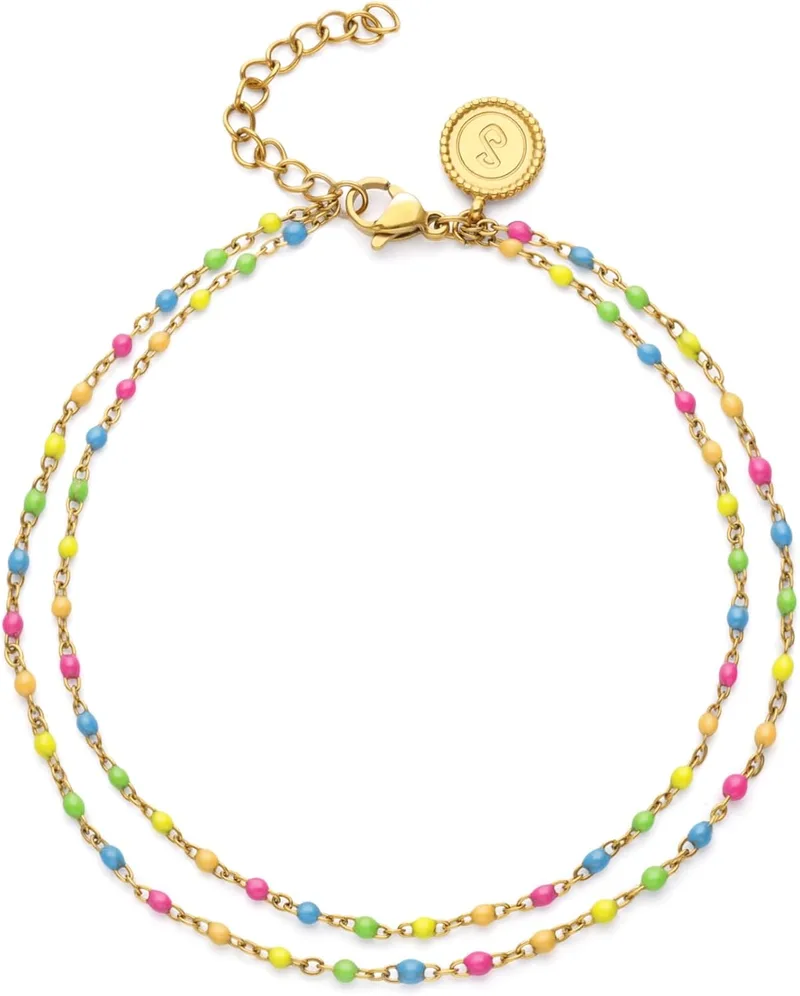 SINGULARU ▫️ Tornozeleira para Mulher com Ponto Duplo, Esmalte Neon e Aço com Banho de Ouro | Aço resistente à água com banho de ouro de 18 quilates e detalhes em esmalte neon.