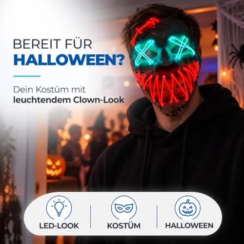 TK Gruppe Timo Klingler ▫️ Máscara LED de Halloween ao estilo «Purge», iluminação regulável e rosto luminoso – Fato para homens e mulheres para o Halloween e o carnaval (várias cores à escolha) 4