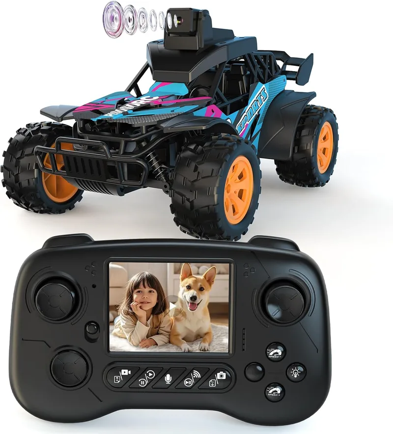pisosorc ▫️ Carro RC com Câmera FPV, Camião RC Todo-o-terreno, Ecrã de 2,8'', Câmera ajustável a 60°, Vídeo em direto, Controlo duplo via aplicação/rádio de 2,4 GHz, 2 velocidades, recarregável, presente para adultos e crianças