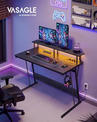 VASAGLE ▫️ Secretária para jogos com luzes LED e tomadas elétricas 3