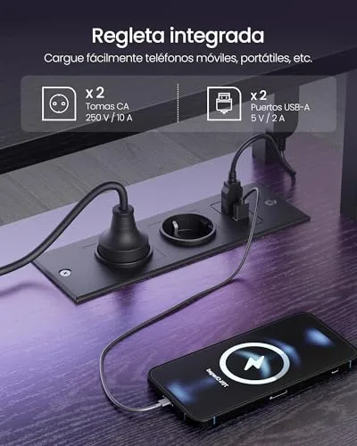 VASAGLE ▫️ Secretária para jogos com luzes LED e tomadas elétricas 4