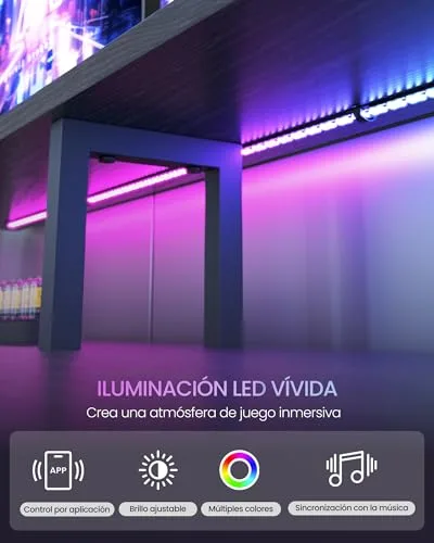 VASAGLE ▫️ Secretária para jogos com luzes LED e tomadas elétricas 5