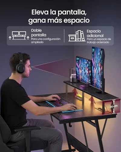 VASAGLE ▫️ Secretária para jogos com luzes LED e tomadas elétricas 6