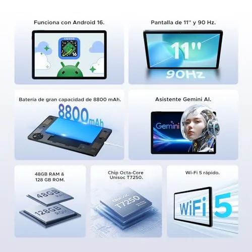 BIRDCLAW ▫️ Tablet P11 Android 16 de 11 polegadas, 48 GB de RAM + 128 GB de ROM/2 TB TF, T7250 Octa-Core, 90 Hz, 8800 mAh, 13 MP + 5 MP, Gemini AI, Widevine L1, Face ID, GPS, OTG, altifalantes duplos, tablet com teclado e caneta, preto 2