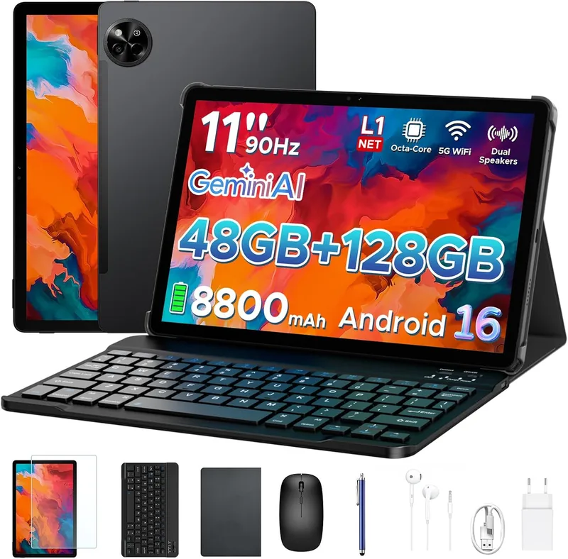 BIRDCLAW ▫️ Tablet P11 Android 16 de 11 polegadas, 48 GB de RAM + 128 GB de ROM/2 TB TF, T7250 Octa-Core, 90 Hz, 8800 mAh, 13 MP + 5 MP, Gemini AI, Widevine L1, Face ID, GPS, OTG, altifalantes duplos, tablet com teclado e caneta, preto