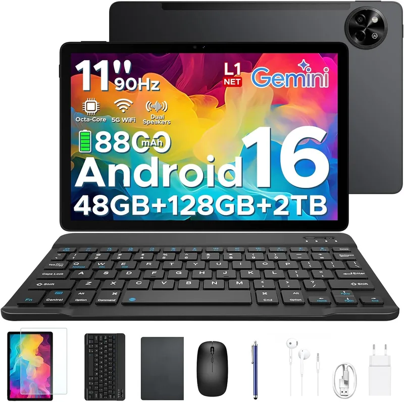 BIRDCLAW ▫️ Tablet P11 Android 16 de 11 polegadas, 48 GB de RAM + 128 GB de ROM/2 TB TF, T7250 Octa-Core, 90 Hz, 8800 mAh, 13 MP + 5 MP, Gemini AI, Widevine L1, Face ID, GPS, OTG, altifalantes duplos, tablet com teclado e caneta, preto