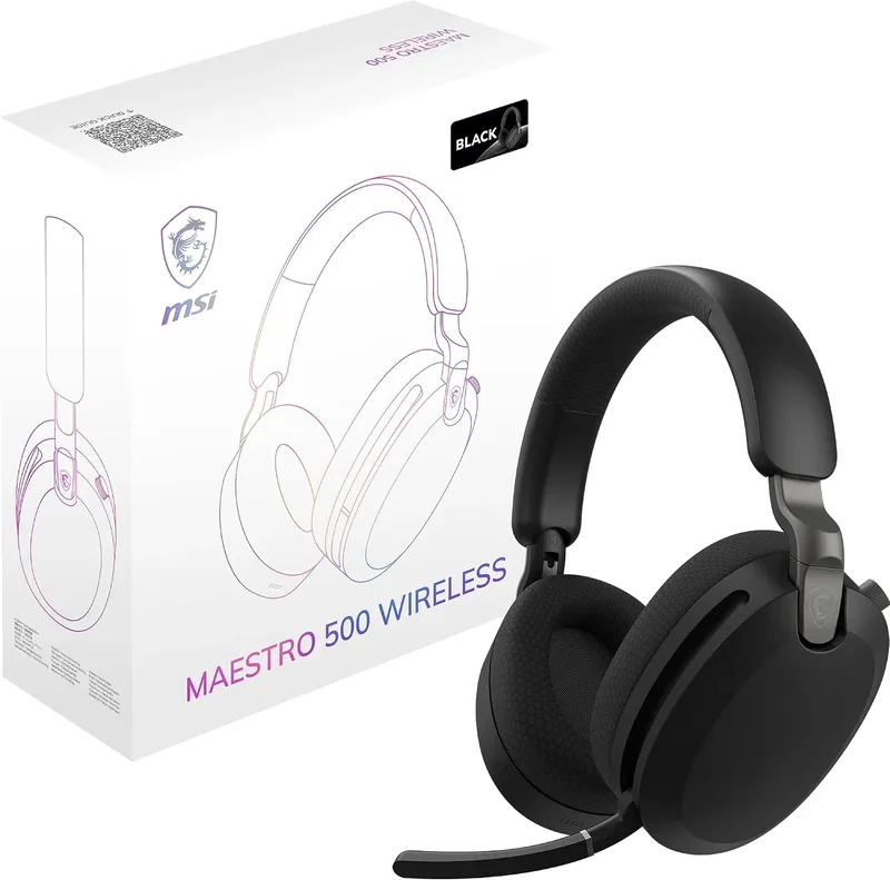 MSI ▫️ Auscultadores de jogos sem fios Maestro 500 Wireless, pretos (Bluetooth 5.4, USB-C a 2,4 GHz, cancelamento ativo de ruído ANC, autonomia de até 90 horas, microfone com cancelamento de ruído ENC, áudio Nahimic 3D)