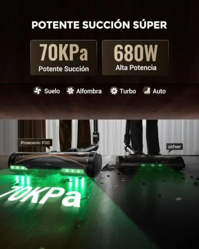 Proscenic ▫️ Aspirador sem fio 70 min/70 kPa/680 W, autossustentável e dobrável, com escova anti-emaranhamento e depósito de água, aspirador sem fio para pêlos de animais de estimação/pavimentos/tapetes 2