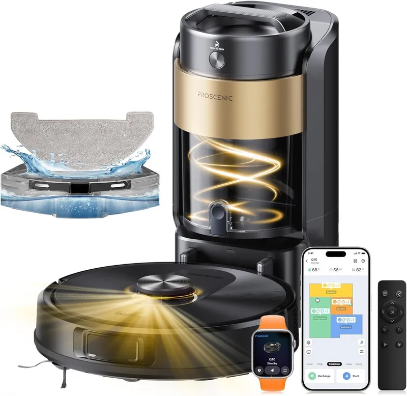 proscenic ▫️ Robô aspirador e esfregador Q20+ Plus, 10 000 Pa/200 minutos, com base de 4 L com esvaziamento automático sem saco, navegação e mapeamento a laser através da aplicação/voz/controlo, para pisos/tapetes e pêlos de animais de estimação