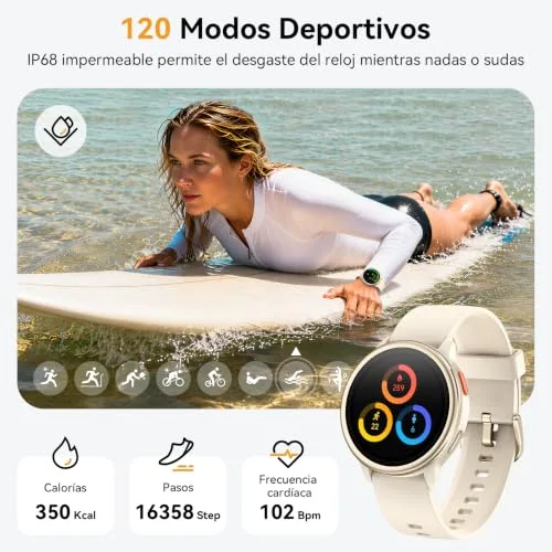aeac ▫️ Relógio Inteligente para Mulher, Relógio Inteligente Redondo de 1,27" para iPhone/Samsung/Android, 2 braceletes e mais de 120 modos desportivos, monitor de sono, funções de saúde e fitness, resistente à água até 3 ATM, cor cáqui 3