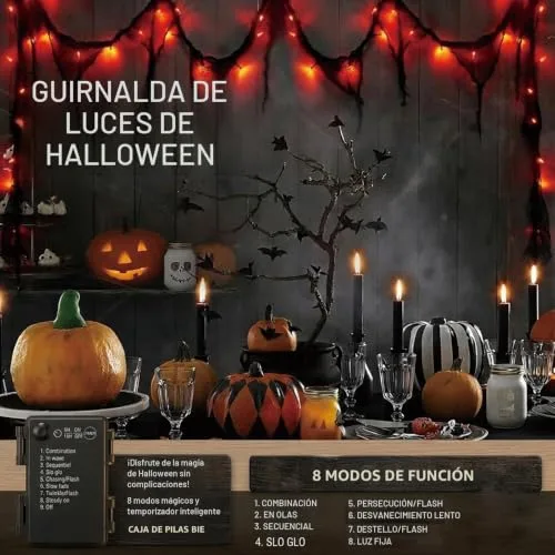 Afaiup ▫️ Guirlanda decorativa de Halloween laranja com gaze preta, 3 m, 30 LED, funciona com pilhas, 8 modos e temporizador, IP65, resistente à água, iluminação de Halloween, para interior e exterior, para 2