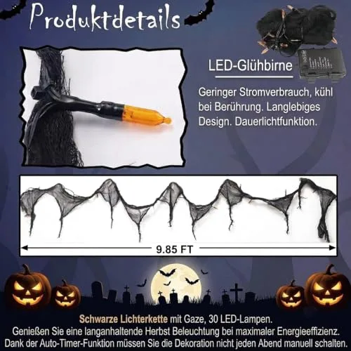 Afaiup ▫️ Guirlanda decorativa de Halloween laranja com gaze preta, 3 m, 30 LED, funciona com pilhas, 8 modos e temporizador, IP65, resistente à água, iluminação de Halloween, para interior e exterior, para 3
