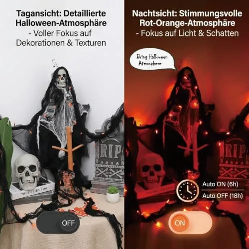 Afaiup ▫️ Guirlanda decorativa de Halloween laranja com gaze preta, 3 m, 30 LED, funciona com pilhas, 8 modos e temporizador, IP65, resistente à água, iluminação de Halloween, para interior e exterior, para 4