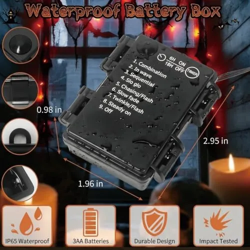 Afaiup ▫️ Guirlanda decorativa de Halloween laranja com gaze preta, 3 m, 30 LED, funciona com pilhas, 8 modos e temporizador, IP65, resistente à água, iluminação de Halloween, para interior e exterior, para 5