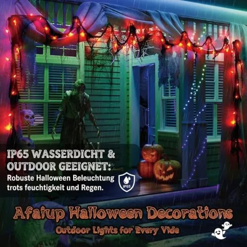 Afaiup ▫️ Guirlanda decorativa de Halloween laranja com gaze preta, 3 m, 30 LED, funciona com pilhas, 8 modos e temporizador, IP65, resistente à água, iluminação de Halloween, para interior e exterior, para 6
