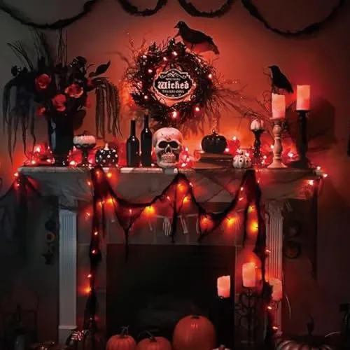 Afaiup ▫️ Guirlanda decorativa de Halloween laranja com gaze preta, 3 m, 30 LED, funciona com pilhas, 8 modos e temporizador, IP65, resistente à água, iluminação de Halloween, para interior e exterior, para 7