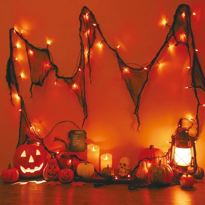 Afaiup ▫️ Guirlanda decorativa de Halloween laranja com gaze preta, 3 m, 30 LED, funciona com pilhas, 8 modos e temporizador, IP65, resistente à água, iluminação de Halloween, para interior e exterior, para