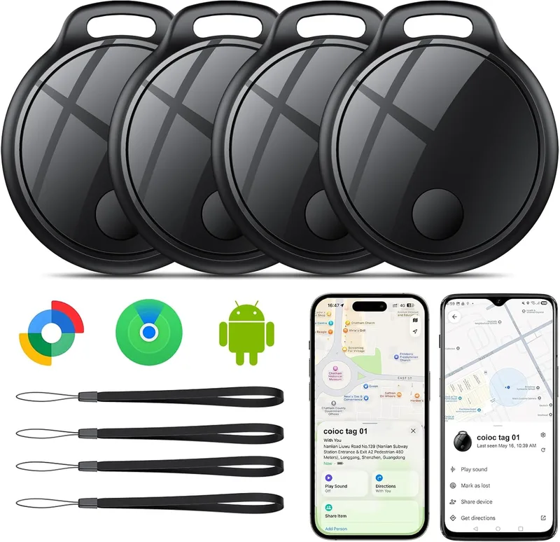 coioc ▫️ Smart Tag 4 unidades para Android e iOS, localizador Bluetooth para chaves, malas, carteiras, mochilas e bolsas, localizador com 120 dB, rede de localização global, partilha familiar, IP67, sem subscrição