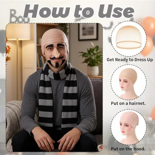 VgxRolq ▫️ Fato do Gru de 5 peças, fato de Halloween com rede para o cabelo, nariz, cachecol, sobrancelhas e barba, fato inspirado no filme para o carnaval, Halloween, festas temáticas e jogos de interpretação de papéis 3
