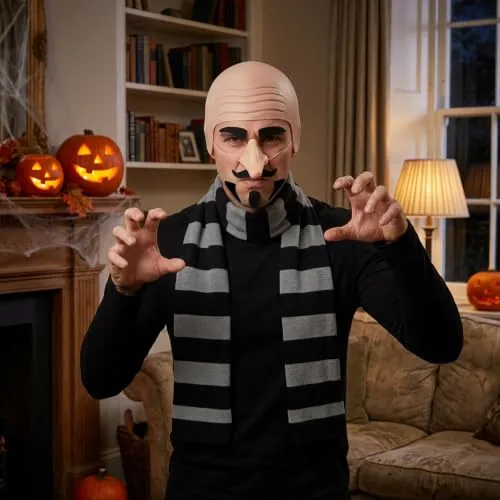 VgxRolq ▫️ Fato do Gru de 5 peças, fato de Halloween com rede para o cabelo, nariz, cachecol, sobrancelhas e barba, fato inspirado no filme para o carnaval, Halloween, festas temáticas e jogos de interpretação de papéis 5