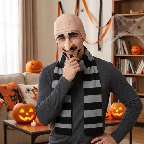 VgxRolq ▫️ Fato do Gru de 5 peças, fato de Halloween com rede para o cabelo, nariz, cachecol, sobrancelhas e barba, fato inspirado no filme para o carnaval, Halloween, festas temáticas e jogos de interpretação de papéis 6