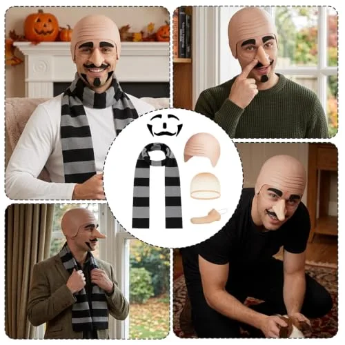 VgxRolq ▫️ Fato do Gru de 5 peças, fato de Halloween com rede para o cabelo, nariz, cachecol, sobrancelhas e barba, fato inspirado no filme para o carnaval, Halloween, festas temáticas e jogos de interpretação de papéis 7