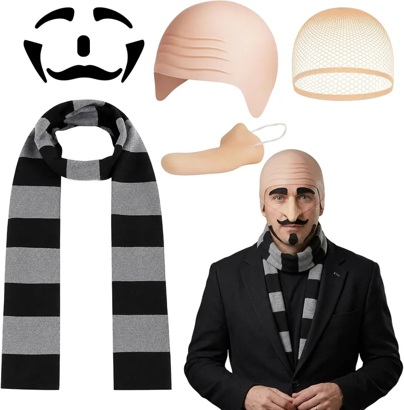 VgxRolq ▫️ Fato do Gru de 5 peças, fato de Halloween com rede para o cabelo, nariz, cachecol, sobrancelhas e barba, fato inspirado no filme para o carnaval, Halloween, festas temáticas e jogos de interpretação de papéis