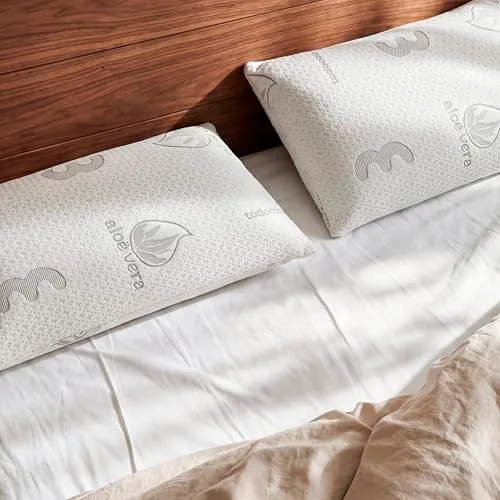 Todocama ▫️ Almofada Viscoelástica com Aloe Vera (Conjunto de 2 unidades de 70 cm), Núcleo compacto viscoelástico para a coluna cervical e o pescoço, firmeza média-alta, capa dupla com fecho de correr. 2
