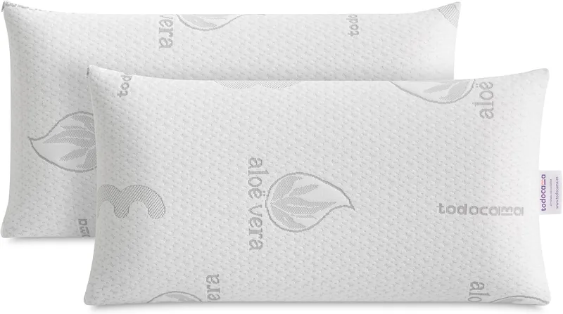Todocama ▫️ Almofada Viscoelástica com Aloe Vera (Conjunto de 2 unidades de 70 cm), Núcleo compacto viscoelástico para a coluna cervical e o pescoço, firmeza média-alta, capa dupla com fecho de correr.