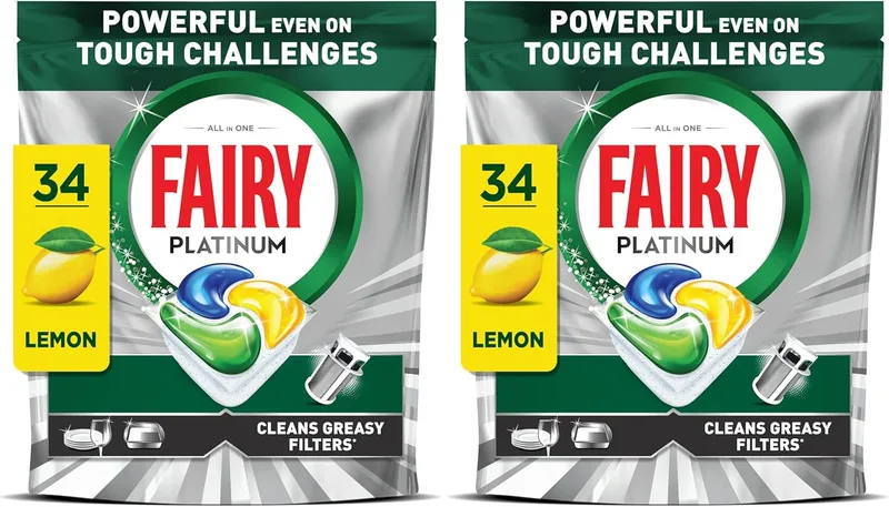 FAIRY ▫️ Platinum Cápsulas para Máquina de Lavar Louça, Limão, 34 Cápsulas, Potentes Mesmo Contra os Restos de Comida Mais Difíceis, Pratos Limpos, Máquina de Lavar Louça Brilhante, Filtro Limpo Sinasa (Embalagem de 2)