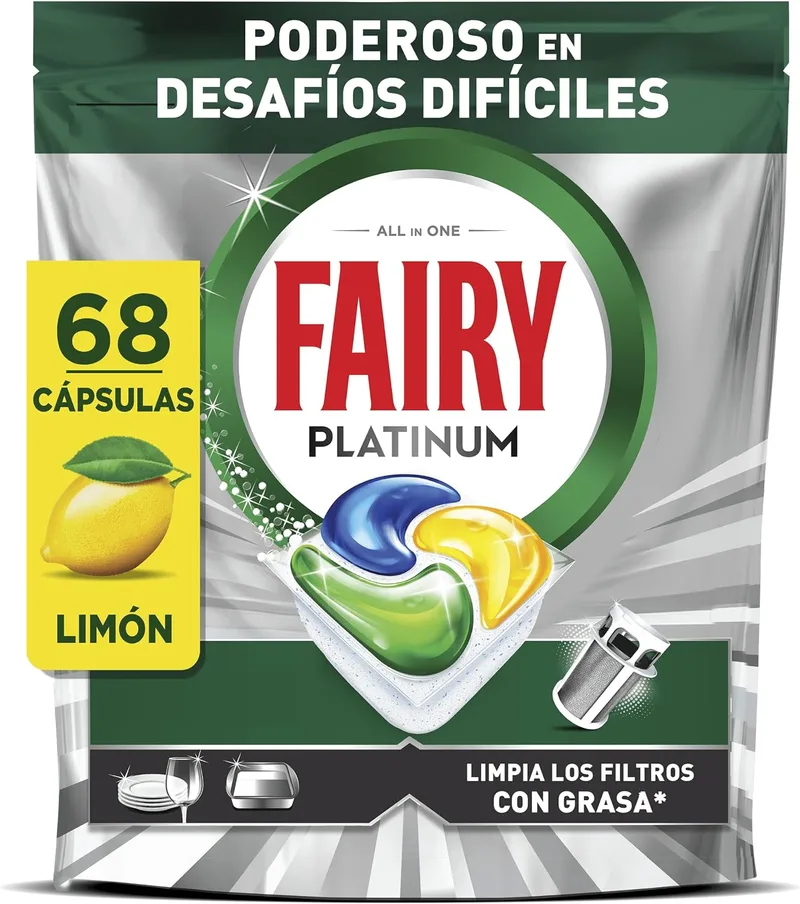 FAIRY ▫️ Platinum Cápsulas para Máquina de Lavar Louça, Limão, 34 Cápsulas, Potentes Mesmo Com os Restos de Comida Mais Difíceis, Pratos Limpos, Máquina de Lavar Louça Brilhante, Filtro Limpo Sinasa (Embalagem de 2)