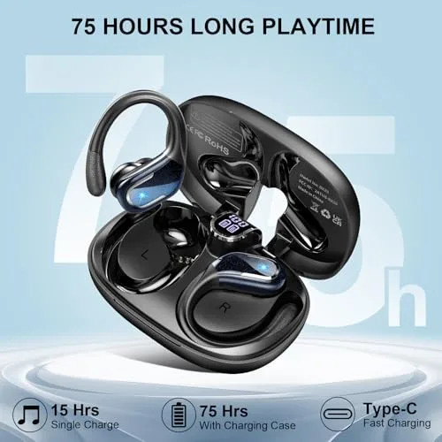 Ltinist ▫️ Auscultadores desportivos sem fios, 75 horas de autonomia, Bluetooth 5.4, cancelamento de ruído (ENC) com microfone, som estéreo Hi-Fi, auscultadores sem fios Bluetooth com classificação IPX8 à prova de água, auscultadores sem fios com ecrã LED, preto 2