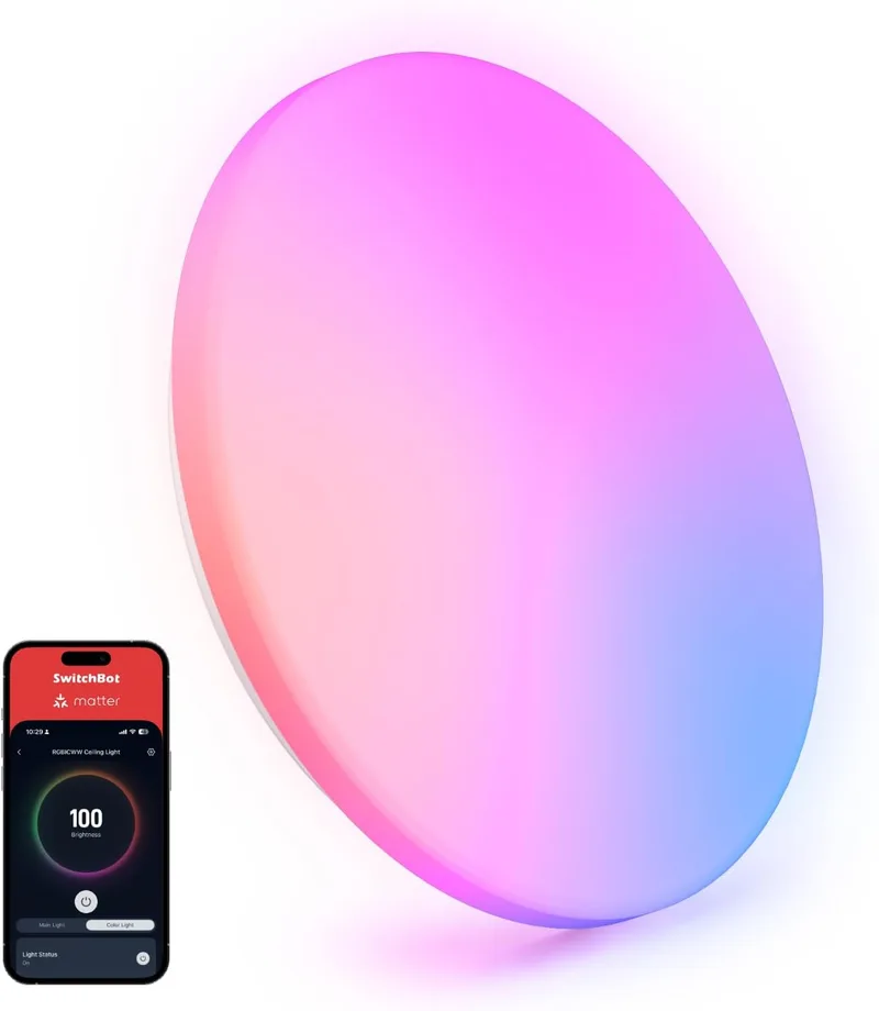 SwitchBot ▫️ RGBICWW Luminária de teto LED de 30 cm, Luminária de teto com certificação Matter, 2000 LM, 2700 K-6500 K, Luminária de teto LED compatível com Apple Home e Alexa, CRI 90+, Iluminação interior para sala de estar, quarto e cozinha