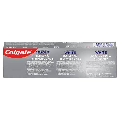 Colgate ▫️ Pasta de dentes Advanced White com bicarbonato de sódio e cinza vulcânica, embalagem de 12 x 75 ml, dentes mais brancos em 7 dias, clinicamente testada para eliminar manchas superficiais 4