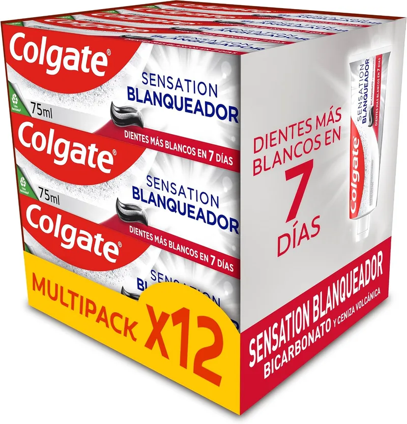 Colgate ▫️ Pasta de dentes Advanced White com bicarbonato de sódio e cinza vulcânica, embalagem de 12 x 75 ml, dentes mais brancos em 7 dias, clinicamente testada para eliminar manchas superficiais
