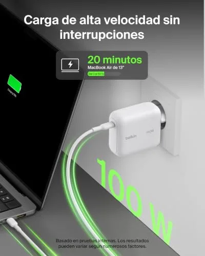 Belkin ▫️ BoostCharge Carregador USB-C, Carregador Rápido GAN de 100 W, Tomada USB-C de parede, Cabo USB-C de 1,5 m, Carregamento rápido, iPhone 17, Samsung Galaxy S26, Pixel 10, AirPods, tablets, MacBook - Branco 2