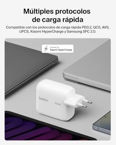 Belkin ▫️ BoostCharge Carregador USB-C, Carregador Rápido GAN de 100 W, Tomada USB-C de parede, Cabo USB-C de 1,5 m, Carregamento rápido, iPhone 17, Samsung Galaxy S26, Pixel 10, AirPods, tablets, MacBook - Branco 4