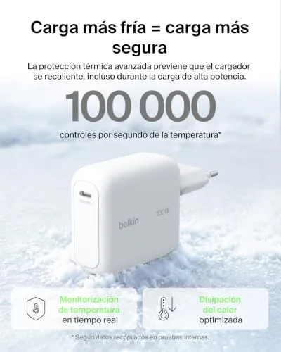 Belkin ▫️ BoostCharge Carregador USB-C, Carregador Rápido GAN de 100 W, Tomada USB-C de parede, Cabo USB-C de 1,5 m, Carregamento rápido, iPhone 17, Samsung Galaxy S26, Pixel 10, AirPods, tablets, MacBook - Branco 6