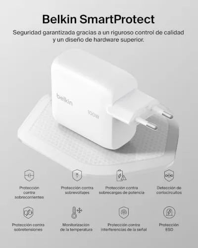 Belkin ▫️ BoostCharge Carregador USB-C, Carregador Rápido GAN de 100 W, Tomada USB-C de parede, Cabo USB-C de 1,5 m, Carregamento rápido, iPhone 17, Samsung Galaxy S26, Pixel 10, AirPods, tablets, MacBook - Branco 7