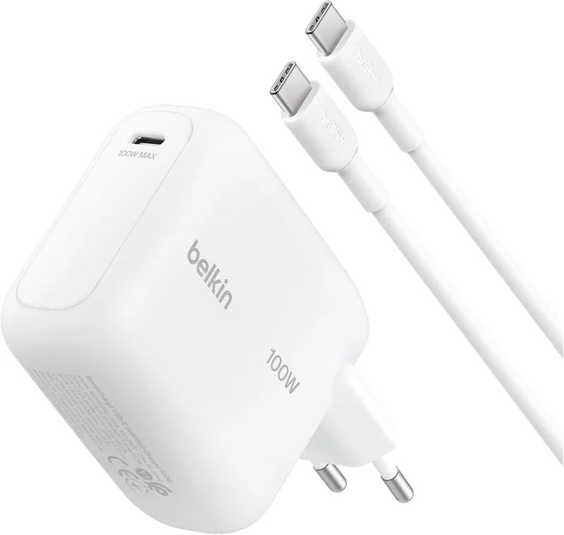 Belkin ▫️ BoostCharge Carregador USB-C, Carregador Rápido GAN de 100 W, Tomada USB-C de parede, Cabo USB-C de 1,5 m, Carregamento rápido, iPhone 17, Samsung Galaxy S26, Pixel 10, AirPods, tablets, MacBook - Branco